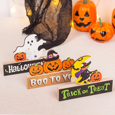 Halloween Wooden Table Ornament Pumpkin Ghost Witch Trick Or Treat Boo To You Festive Desktop Decoration For Home Office Party