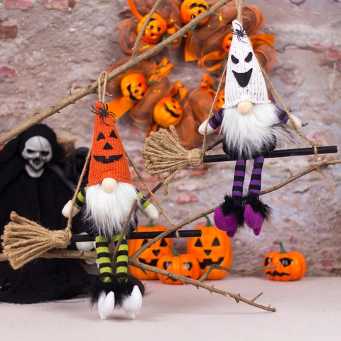 Halloween Faceless Gnome Witch Hanging Ornament With Broomstick Ghost Pumpkin Needlework Plush Doll Party Home Decoration
