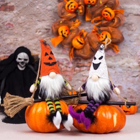 Halloween Faceless Gnome Witch Hanging Ornament With Broomstick Ghost Pumpkin Needlework Plush Doll Party Home Decoration