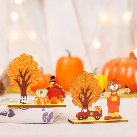 Juego Decoración Mesa Madera Acción de Gracias Fiesta Cosecha Otoño Pavo Espantapájaros Calabaza Adorno Madera DIY Para Mesa Hogar Fiesta