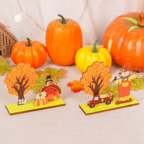 Juego Decoración Mesa Madera Acción de Gracias Fiesta Cosecha Otoño Pavo Espantapájaros Calabaza Adorno Madera DIY Para Mesa Hogar Fiesta