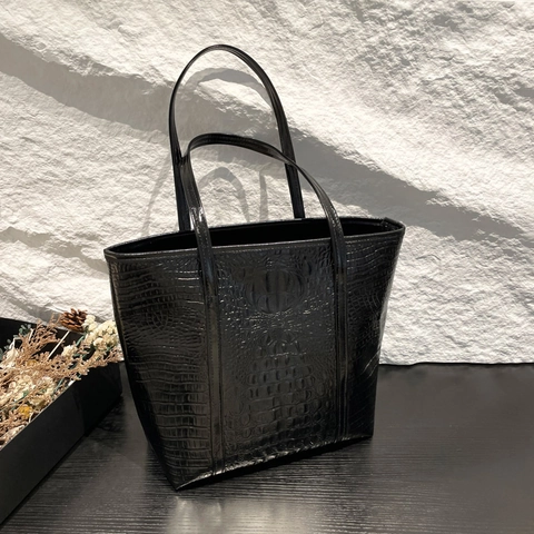 Damen Große Kapazität Krokodilmuster Tragetasche Kunstleder Handtasche Schwarz Pendler Umhängetasche Für Arbeit Büro