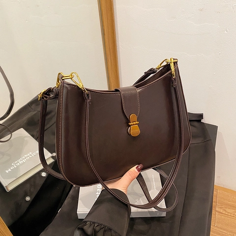Bolso de Axila de Cuero PU Retro Francés para Mujer Bolso de Hombro de Media Luna Vintage Con Hebilla Dorada Bolso Minimalista de Color Sólido