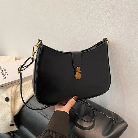 Bolso de Axila de Cuero PU Retro Francés para Mujer Bolso de Hombro de Media Luna Vintage Con Hebilla Dorada Bolso Minimalista de Color Sólido
