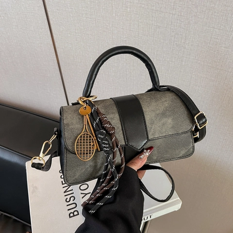 Retro Patchwork PU Leather Denim Shoulder Bag For Women Vintage Contrast Color Small Square Crossbody Bag With Tennis Racket Charm