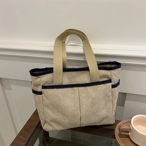 Borsa Tote da Donna in Velluto a Coste Grande Capacità Casual Borsa a Tracolla Con Bordo a Contrasto Multitasca Per Scuola