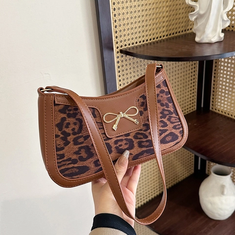 Vintage Leopardenmuster PU Leder Unterarm Umhängetasche Für Damen Gold Schleife Dekor Lässig Pendeln Große Tragetasche