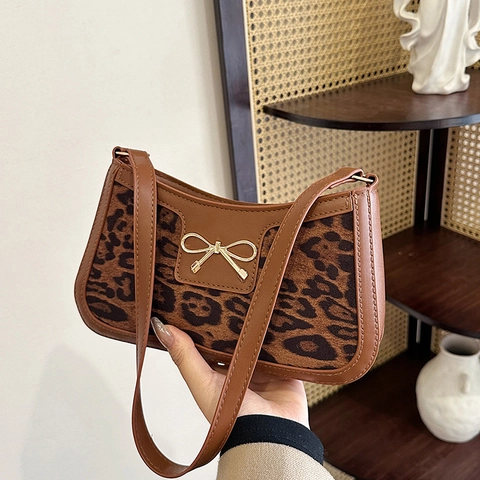 Vintage Leopardenmuster PU Leder Unterarm Umhängetasche Für Damen Gold Schleife Dekor Lässig Pendeln Große Tragetasche
