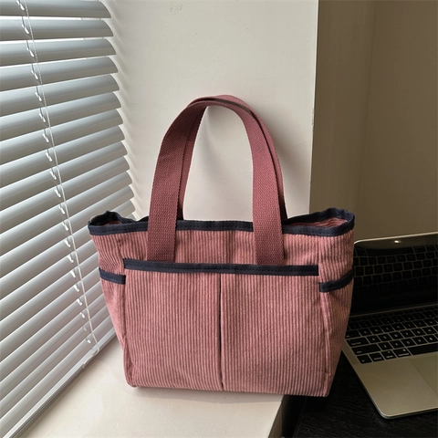 Women Corduroy Large Capacity Tote Bag Casual Solid Color Striped Shoulder Bag Commuting Top Handle Bag For Daily Life