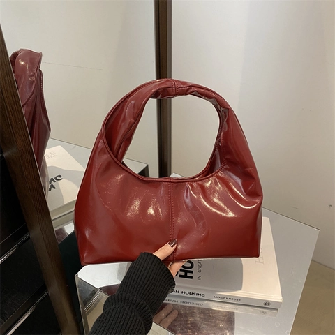 Bolso Hobo de Cuero PU Brillante Chic Estilo Francés Para Mujer Bolso de Hombro Vintage Axila Color Sólido Bolso de Mano Diario