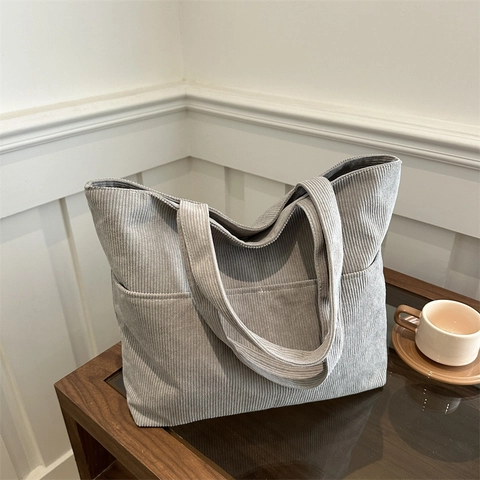 Bolso Tote de Pana de Gran Capacidad para Mujer Color Sólido Vintage Minimalista Estilo Coreano Bolso de Hombro para Estudiantes