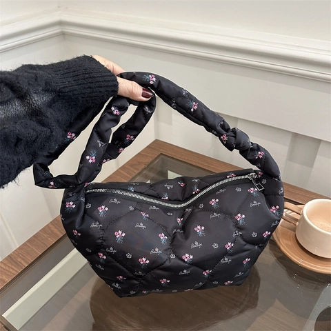 Borsa a Spalla Trapuntata Floreale da Donna Con Tracolla a Nodo Borsa da Sottobraccio Puffer Casual Versatile