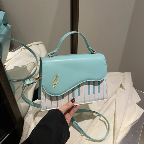 Retro Piano Keyboard Pattern Shoulder Bag Women PU Leather Music Theme Crossbody Bag Wave Flap Treble Clef Musical Handbag