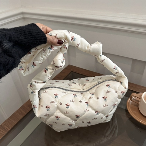 Borsa a Spalla Trapuntata Floreale da Donna Con Tracolla a Nodo Borsa da Sottobraccio Puffer Casual Versatile