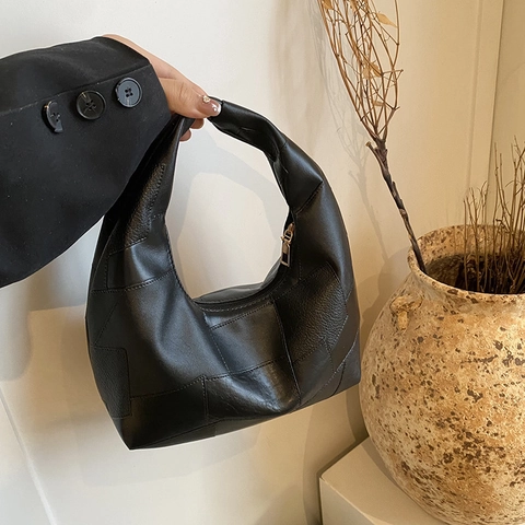 Borsa Hobo Da Donna In Ecopelle Retrò Con Cuciture Patchwork Borsa A Mano Sottobraccio Con Chiusura A Cerniera