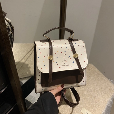Women Fashion Polka Dot Rabbit Backpack College Style PU Leather Retro Contrast Color Large Capacity School Shoulder Bag