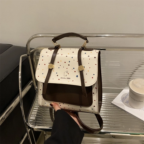Women Fashion Polka Dot Rabbit Backpack College Style PU Leather Retro Contrast Color Large Capacity School Shoulder Bag