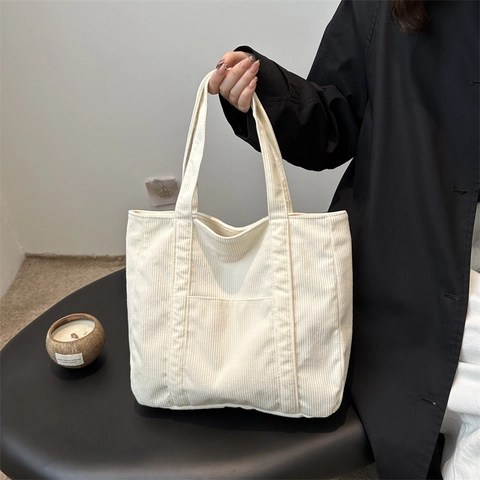 Minimalistische Corduroy Tote Tas Voor Vrouwen Grote Capaciteit Schoudertas Met Voorvak Eenvoudige Veelzijdige Dagelijkse Herfst Winter Handtas