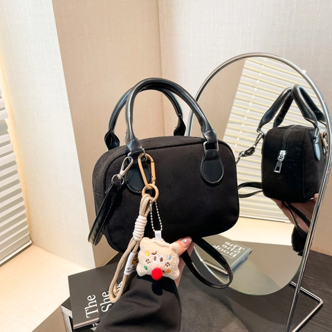 Women Vintage Corduroy Shoulder Bag Small Urban Minimalist Pillow Handbag Splicing PU Handbag With Bear Plush Pendant