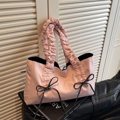 Bolso Tote de Mujer Con Asa Fruncida Nailon Gran Capacidad Bolso de Hombro Acolchado Con Decoración de Lazo Color Sólido Casual