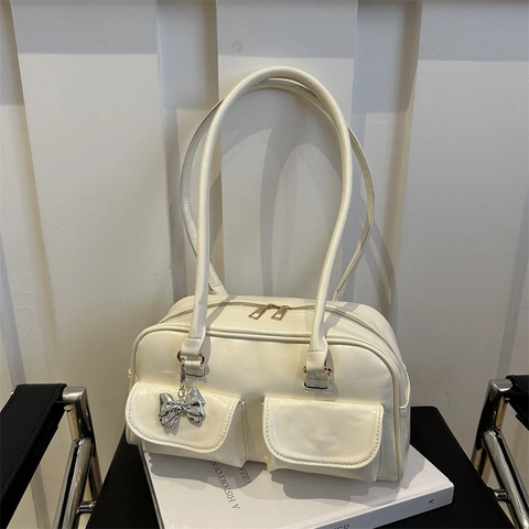 Borsa Bowling Retrò Americana Da Donna In Pelle PU Con Doppia Tasca Borsa A Spalla Con Ciondolo A Fiocco Elegante E Versatile