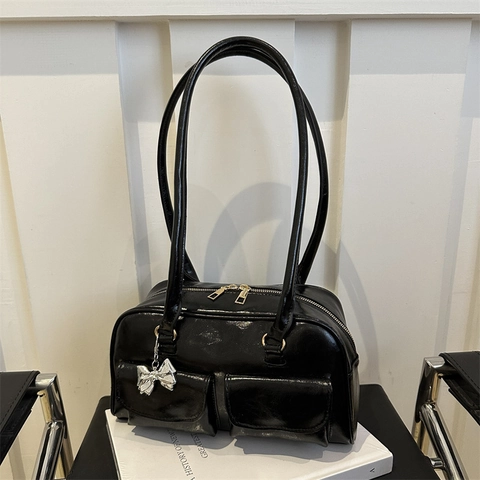 Borsa Bowling Retrò Americana Da Donna In Pelle PU Con Doppia Tasca Borsa A Spalla Con Ciondolo A Fiocco Elegante E Versatile
