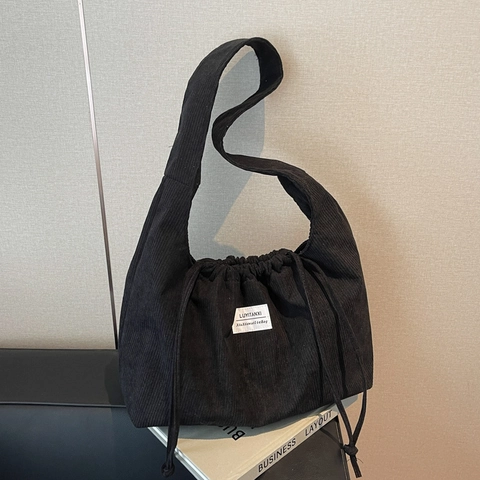 Women Large Capacity Corduroy Tote Bag Casual Drawstring Shoulder Bag Urban Minimalist Solid Color Hobo Bag For Daily Use