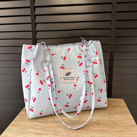 Dames Verse Kersenprint Draagtas Stof Grote Capaciteit Casual Handtas Met Metalen Ketting Schouderband Stijlvolle Shopper Tas