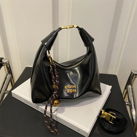 Women Vintage PU Leather Crescent Hobo Bag Metallic Letters Fashion Elegant Underarm Shoulder Bag For Daily Commuting