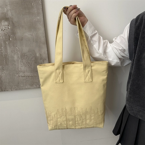 Damen Große Canvas Einkaufstasche Lässig Mode Weiche Umhängetasche Mit Buchstabenstickerei Ziernaht Künstlerische Pendlertasche