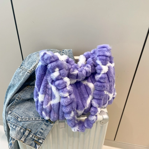 Borsa Tote da Donna in Pelliccia Sintetica Morbido Peluche a Scacchiera Con Cinturino a Pompon Borsa a Tracolla Capiente