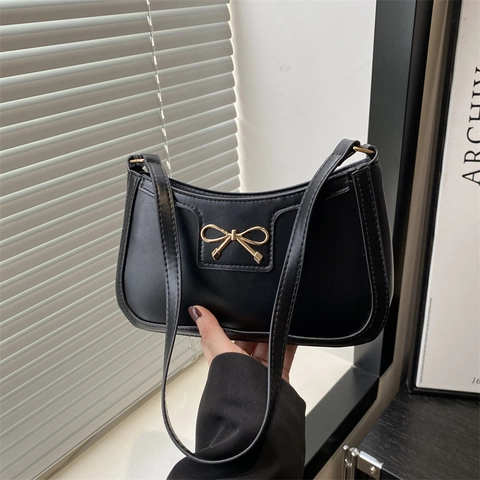 Bolso de Axila Minimalista con Lazo para Mujer Cuero PU Bolso de Hombro Individual Elegante Color Sólido Bolso de Moda Pequeño