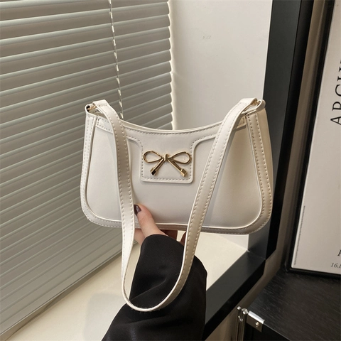 Bolso de Axila Minimalista con Lazo para Mujer Cuero PU Bolso de Hombro Individual Elegante Color Sólido Bolso de Moda Pequeño