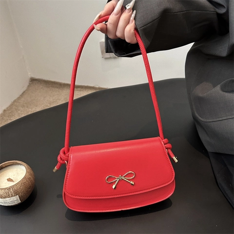 Women PU Leather Underarm Shoulder Bag Urban Minimalist Gold Bow Buckle Fashion Small Square Crossbody Bag Versatile Daily Handbag