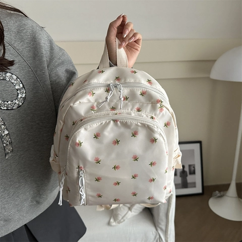 Dames Rugzak Met Bloemenprint Zoete Koreaanse Stijl Lichtgewicht Casual Dagrugzak Studenten Schooltas Bloemenpatroon Polyester Reistas