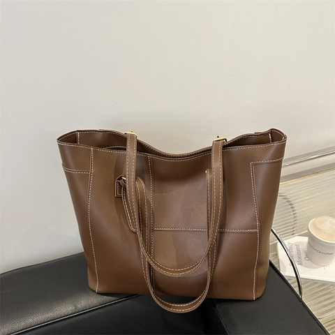 Damen Vintage Große Kapazität PU Leder Tote Bag Mit Kontrastnähten Minimalistische Pendler Schultertasche Handtasche