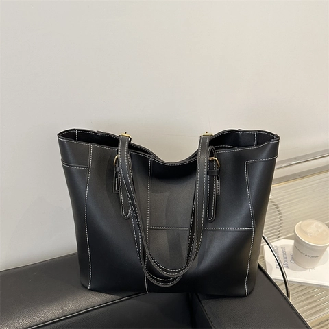 Damen Vintage Große Kapazität PU Leder Tote Bag Mit Kontrastnähten Minimalistische Pendler Schultertasche Handtasche