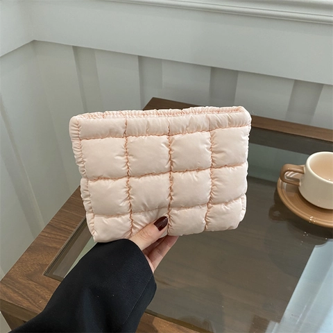 Women Korean Quilted Puffer Cosmetic Bag Large Capacity Solid Color Makeup Organizer Bag Nylon Cloud Clutch Storage Bag