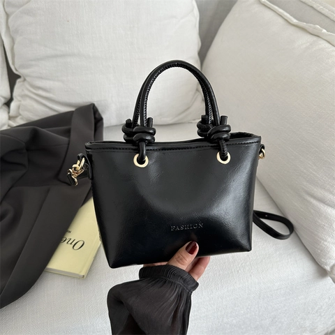 Women's Retro PU Leather Bucket Bag Minimalist Fashion Embossed Handbag With Knotted Handle Shoulder Crossbody Bag