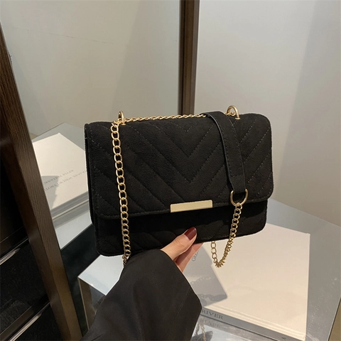 Borsa a Tracolla Minimalista Trapuntata a V in Camoscio Sintetico Con Catena Dorata Retro Donna Piccola Borsa Quadrata