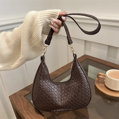 Bolso Hobo Tejido de Estilo Francés para Mujer Cuero de PU Media Luna Bolso de Hombro de Axila para Oficina Fiesta Moda