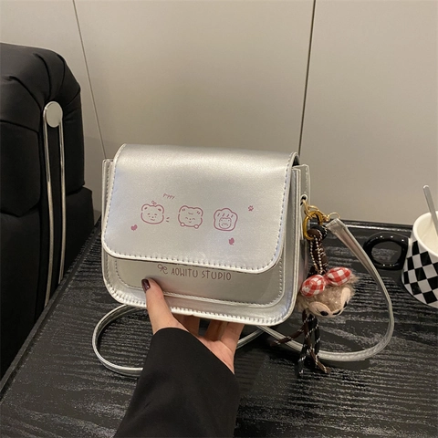 Borsa a Tracolla da Donna Con Stampa di Orso Cartone Animato in Pelle PU Piccola Borsa a Spalla Quadrata Con Chiusura Magnetica