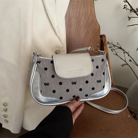 Borsa a Spalla da Donna Alla Moda con Pois e Fiocco Grande Capacità in Pelle PU e Tessuto Sotto l'Ascella per Pendolarismo