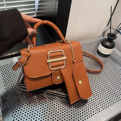 Vintage Women PU Leather Handbag With Gold Square Buckle Lychee Pattern Crossbody Bag And Small Coin Purse Satchel Bag