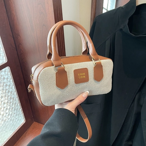 Borsa Boston Vintage da Donna in Tela Pelle PU Patchwork Borsa a Mano Retro Stile Britannico Borsa a Tracolla per Pendolari