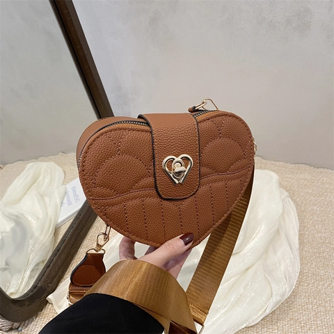 Women Heart Shaped Quilted Crossbody Bag PU Leather Shoulder Bag with Golden Heart Lock and Wide Adjustable Fabric Strap