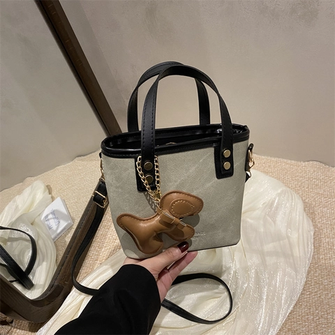 Vintage Canvas PU Leather Patchwork Bucket Bag Women Small Tote Handbag Puppy Charm Adjustable Strap Crossbody Purse