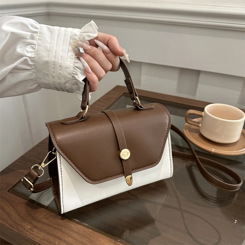 Bolso Cuadrado Pequeño de Cuero PU Patchwork Vintage Con Hebilla de Metal Redonda Color de Contraste Bolso Bandolera Para Mujer