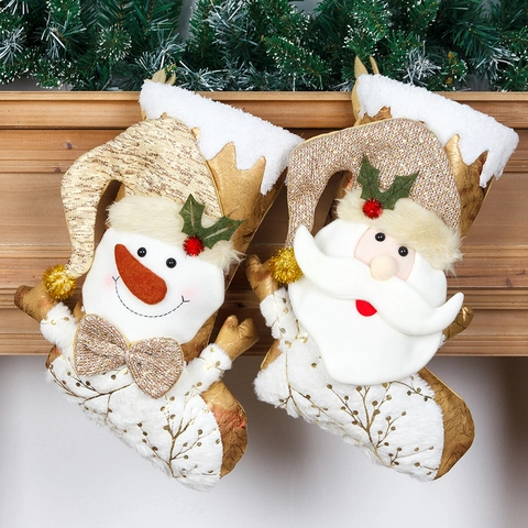 Calza di Natale con Paillettes Oro 3D Babbo Natale Pupazzo di Neve Peluche Sacchetto Regalo Grande Decorazione da Appendere