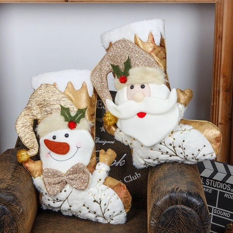 Calza di Natale con Paillettes Oro 3D Babbo Natale Pupazzo di Neve Peluche Sacchetto Regalo Grande Decorazione da Appendere